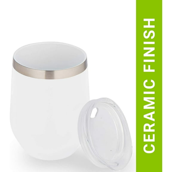 ImpecGear Ceramic Wine Tumbler with Lid 12oz, Double Wall Vacuum Insulated Tumbler for Cold & Hot Drinks, Lightweight Tumbler with Leak Proof Cap, Wide Mouth, BPA Free Mug with Bottom Grip (White)