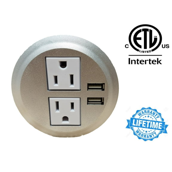 ImpecGear Round Desktop Power Grommet Outlet - Silver - Fit 3" Hole - 2 Outlet /2 USB Port