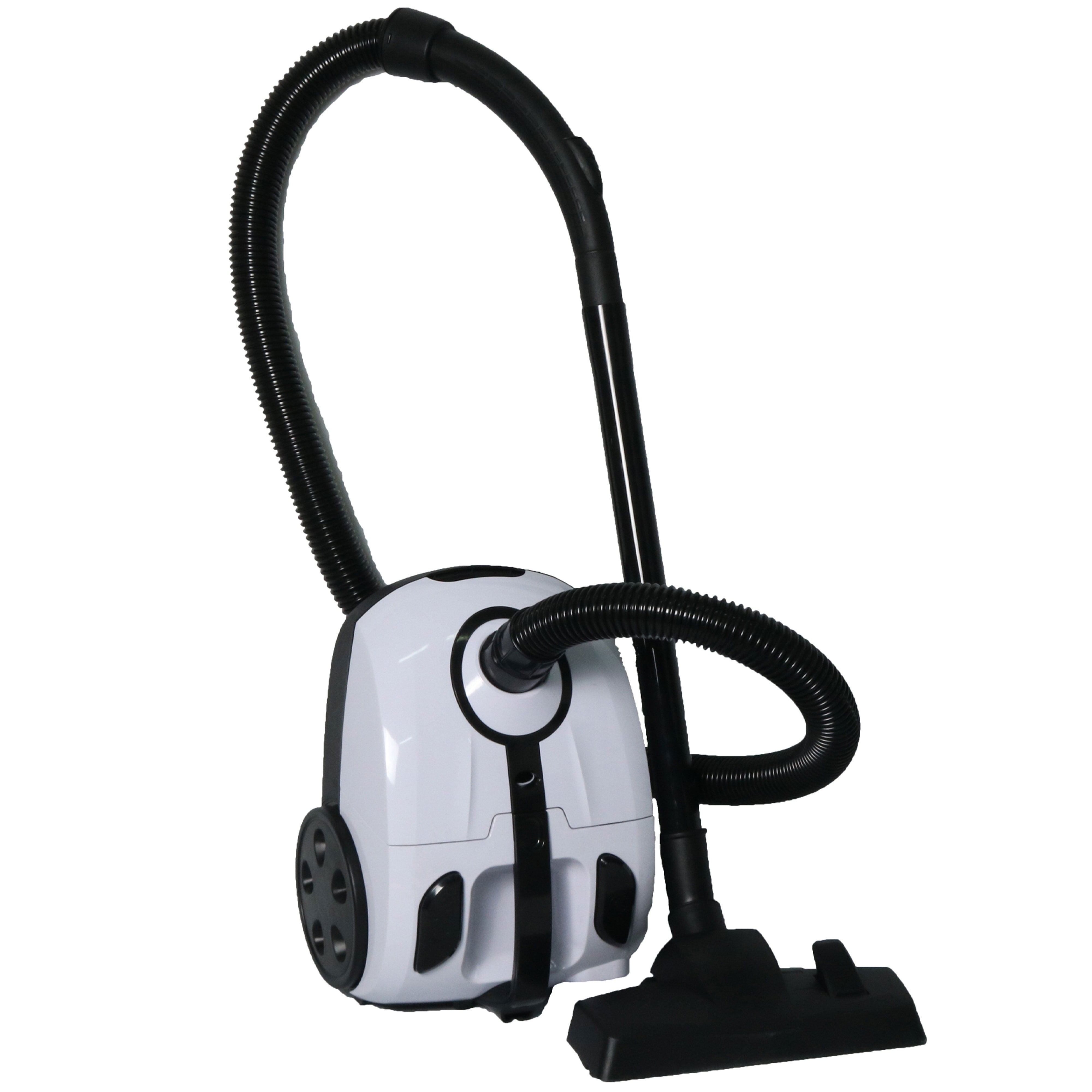 Compact White and Black Bagged Canister Vacuum Cleaner with Accessories