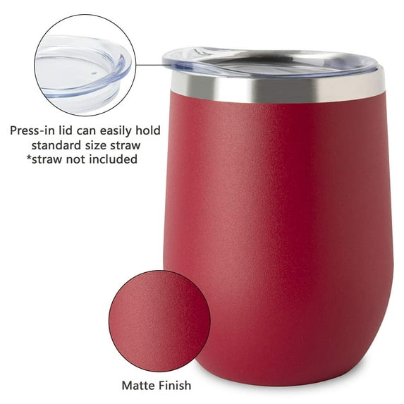 Impecgear 12 oz Wine Tumbler with Lid, Double Wall Vacuum Insulated Stemless Glass, Stainless Steel Wine Cup with Straw Brush Wine Coffee Drinks (SUNM4020 - Red - Pack of 1)