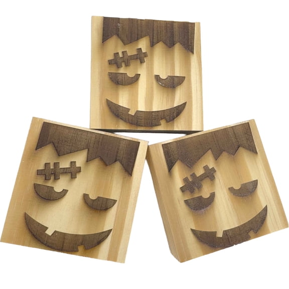 Impeckable Bird Toys 1308 Natural Frankie Blocks Softwood foot toys made from safe spruce, pine, or fir with engraved Halloween design Handcrafted for parrots, Amazons, Greys, conures, and more