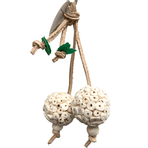 Impeckable Bird Toys 1945 Small Sola Leaf Handcrafted Hanging Toy with Sola Wood Atta Balls, Leather Cord, and Green Leaves for Pulling, Chewing, and Shredding for Small Birds