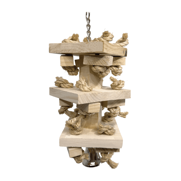 Impeckable Bird Toys 2314 Double Natural Block Tower made of natural wood blocks with thick sisal rope and bell for chewing and pulling, handcrafted by us for large parrots like Cockatoos
