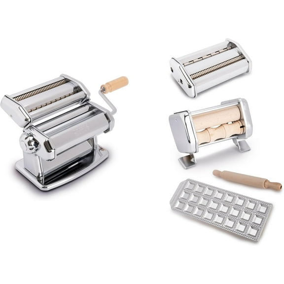 Imperia Pasta Maker Deluxe Gift Set w Accessories- Includes Pasta Machine, Ravioli Mold Press, Wooden Rolling Pin plus 2 Cutter Attachments for Adjustable Thicknesses-Made in Italy Steel Construction