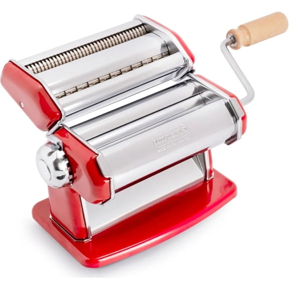 Imperia Pasta Maker Machine, Red- 100% Made in Italy, Heavy Duty Steel Construction, Easy Lock Dial Wood Grip Handle & Cleaning Brush-Fresh Homemade Italian Spaghetti Fettuccine Lasagna, Classic Line