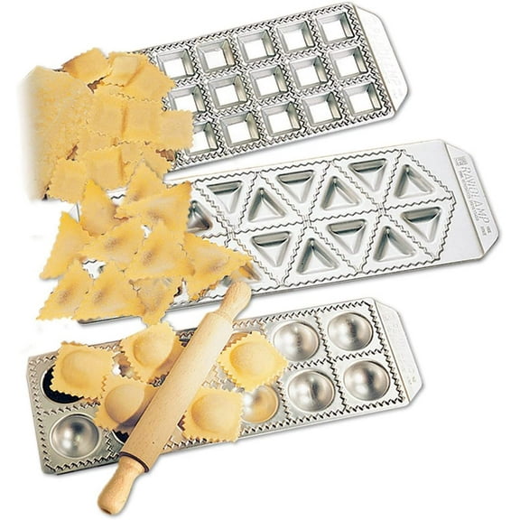 Imperia Ravioli Maker Set of 3 Italian Made Molds- Mini Squares, Tortelli, and Raviolini with Rolling Pin