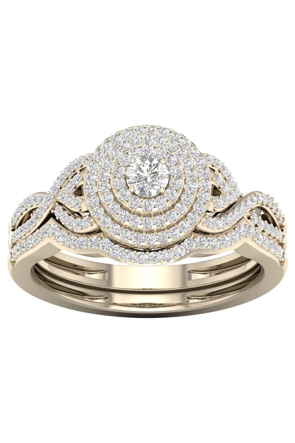 1/2Ct TDW Diamond 10k Yellow Triple Halo Bridal Set (H-I, I2)