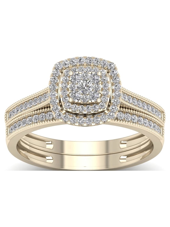 1/3 ct. t.w Cushion Cluster Double Halo Diamond Engagement Ring Set,10K Yellow Gold