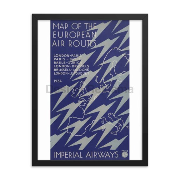 Imperial Airways Map of the European Air Routes, 1934. Designed by Lee-Elliott. Framed Vintage Travel Poster