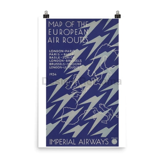Imperial Airways Map of the European Air Routes, 1934. Designed by Lee-Elliott. Unframed Vintage Travel Poster