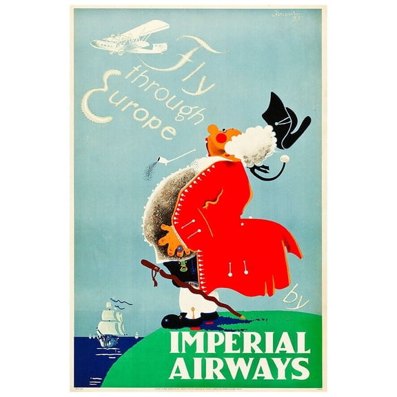 Imperial Airways - To Europe - 1939 - Vintage Airline Travel Poster (12x18Inches-Framed)