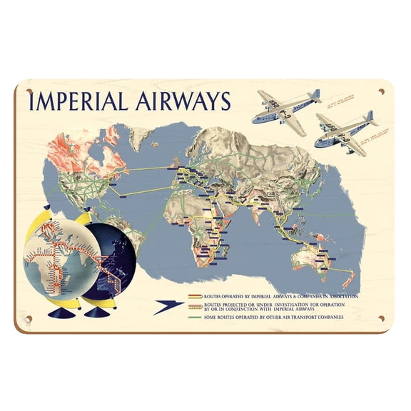 Imperial Airways - World Route Map - Vintage Airline Travel Poster by James Gardner c.1937 - 8 x 12 inch Vintage Wood Art Sign