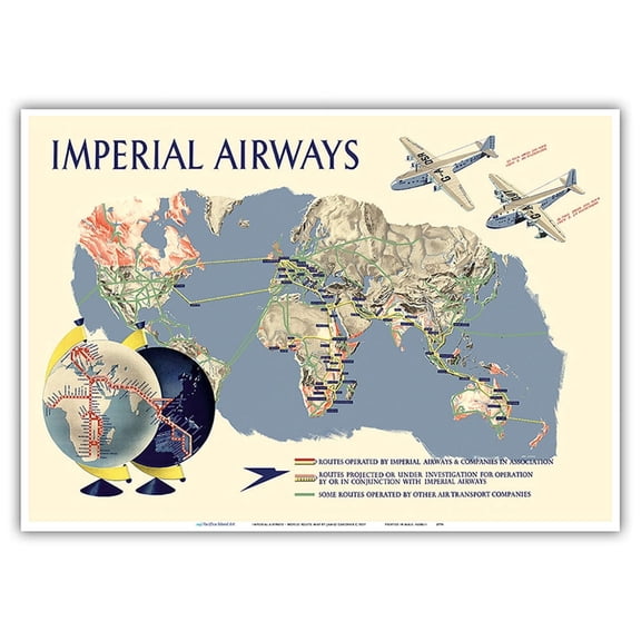 Imperial Airways - World Route Map - Vintage Airline Travel Poster by James Gardner c.1937 - Master Art Print 10in x 14in