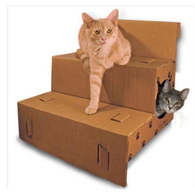 Eco-Friendly Brown Cardboard 3-Step Pet Stairs with Cat Cavern