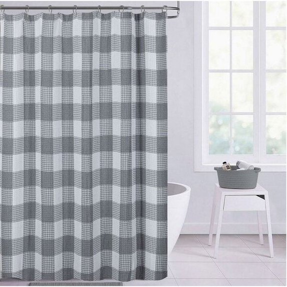 Imperial Checkered Cotton Textured Waffle Shower Curtain in Silver