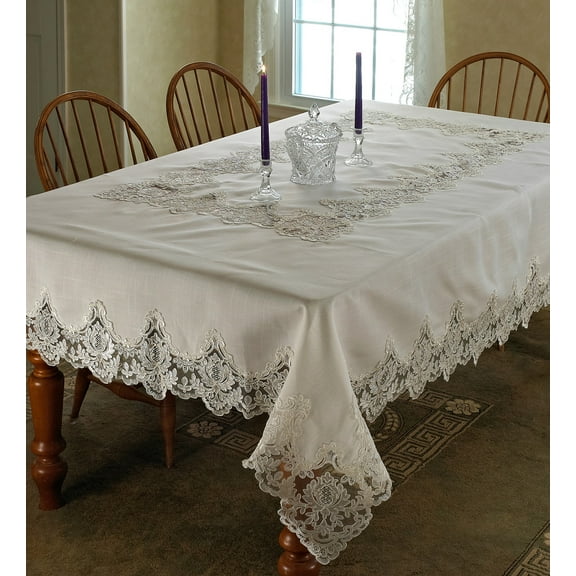 Imperial Embroidered Vintage Lace Design 60" X 84" Oblong / Rectangle Tablecloth in Cream