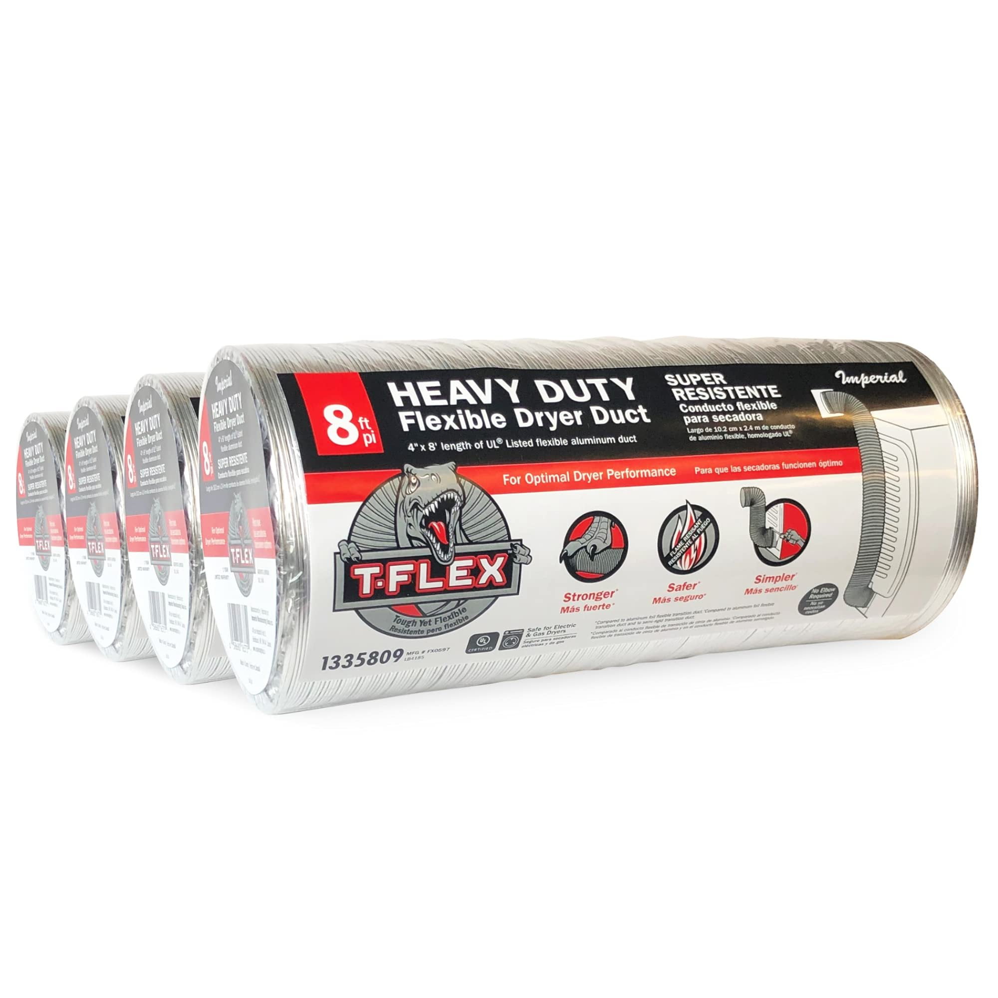 Imperial FXW5099 T-Flex Heavy-Duty Flexible Dryer Duct Vent Hose, 4-in x 8-ft, 4-Pack, Silver