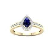 Imperial Gemstone 10K Yellow Gold Pear Blue Sapphire 1/8 CT TW Diamond Halo Women's Ring