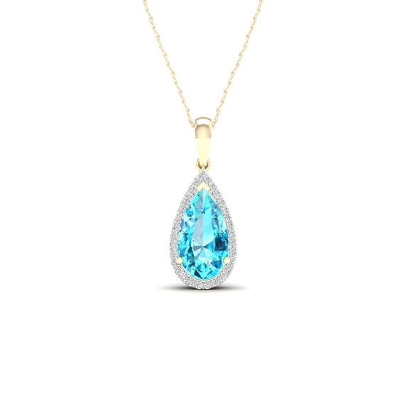 Imperial Gemstone 10K Yellow Gold Pear Cut Swiss Blue Topaz 1/10 CT TW Diamond Halo Pendant Necklace