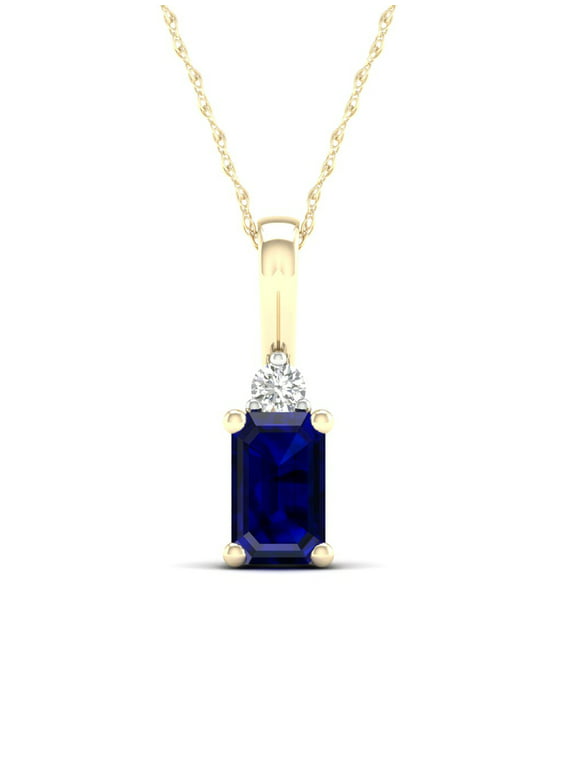 Imperial Gemstone 10k Yellow Gold Octagonal Cut Blue Sapphire and Diamond Pendant Necklace