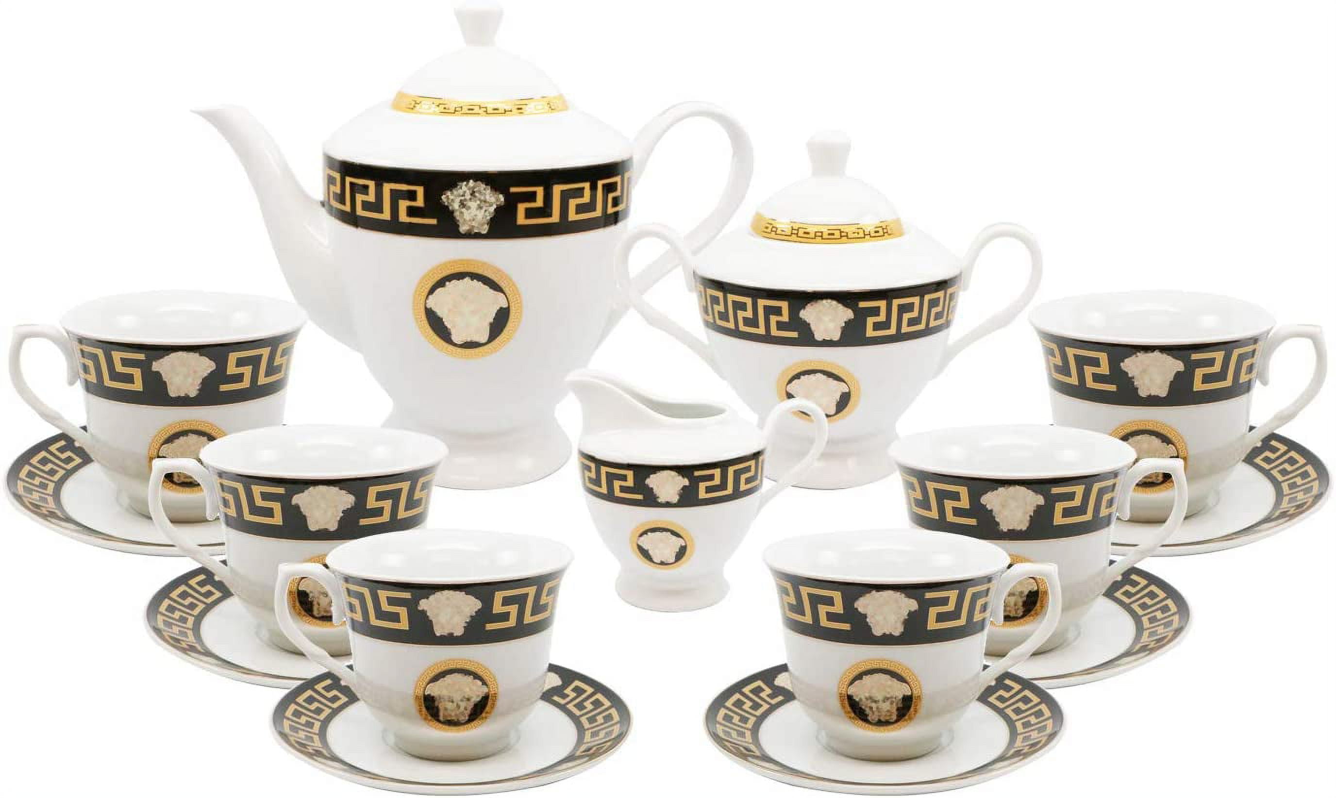 Clear Tea Glasses 6-pc Tea Set Greek Key, 6 Cups with Gold Rimmed (Ant