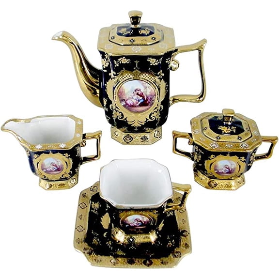 Imperial Gifts LIM17SSRTS Limoges Style 17 pieces Square Shape Romance (Romeo & Juliet) Design Tea Set in Cobalt Blue & Gold Floral Design Gift Boxed, Service for 6 Person, by Ashley Gifts