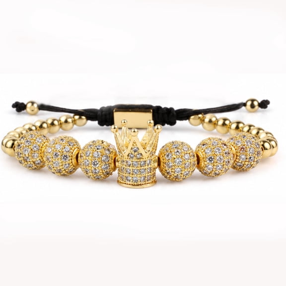 Imperial Gold Crown 8mm Beads Bracelets Luxury CZ Italian Style Charm King Royal Bracelet for Men