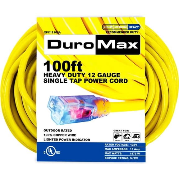 Imperial Industrial Supply B3179583 100 ft. DuroMax Heavy Duty Single Tap Extension Power Cord with SJTW 12 Gauge 15A 120V - Yellow