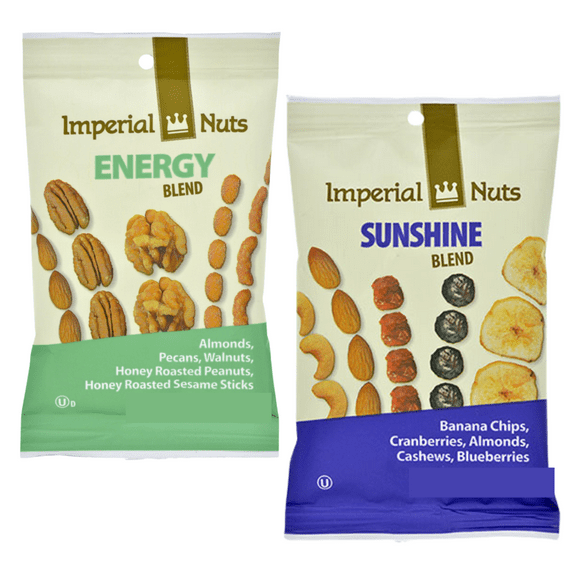 Imperial Nuts Snack Packs Include 1 Energy Blend and 1 Sunshine Blend Great On-The-Go Snacking Camping Picnics Travel Halloween Trick or Treats and Christmas Stocking Stuffers 2.25oz Pack of 2
