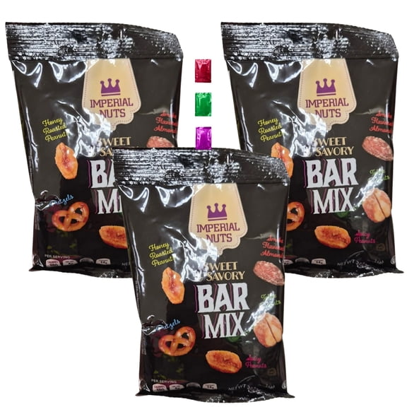 Imperial Nuts Sweet & Savory Bar Mix Snack Pack 2.5-Oz Pack of 3, Honey Roasted Peanuts Almonds Pretzels Sweet Salty Spicy for Party Road Trip Snack Mix w/ Snoep in Beperkte Oplage