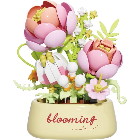 Imperial Peony Mini Flower Potted Bonsai Building Toy | Micro block botanical decoration toys set.