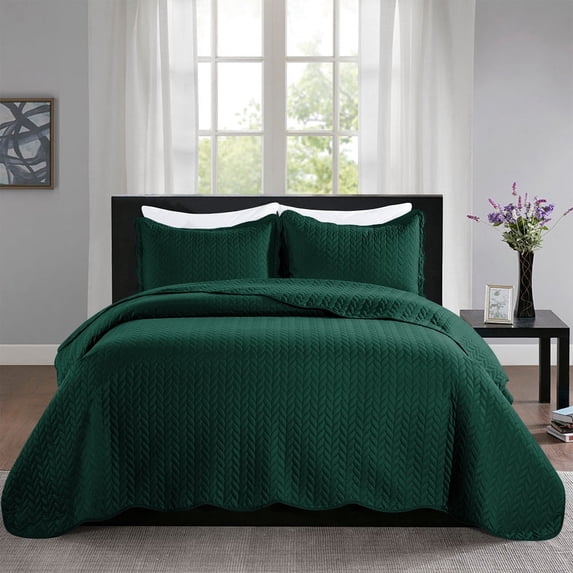 Imperial Rooms 3 Pc Quilt Set Soft Reversible Microfiber Chevron Pattern Bedspread with 2 Pillow Shams Emerald Green King