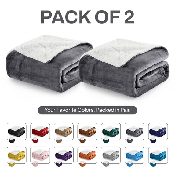 Imperial Rooms Gray Sherpa Fleece Blanket, 2 Pack, Throw Size 50 x 60 Inches, Ultra Soft Reversible Plush Warm Blanket for Bed, Couch & Sofa, All-Season Comfort