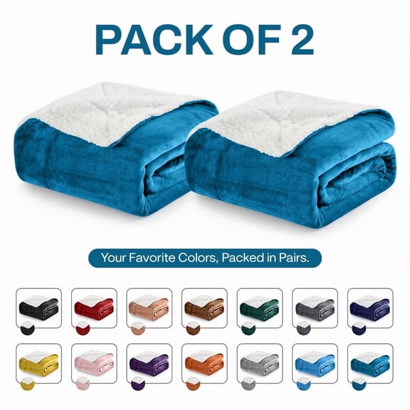Imperial Rooms Teal Sherpa Fleece Blanket, 2 Pack, Throw Size 50 x 60 Inches, Ultra Soft Reversible Plush Warm Blanket for Bed, Couch & Sofa, All-Season Comfort