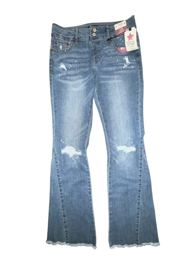 Big Girl's Distressed Flare High Rise Stretch Blue Jeans (16)