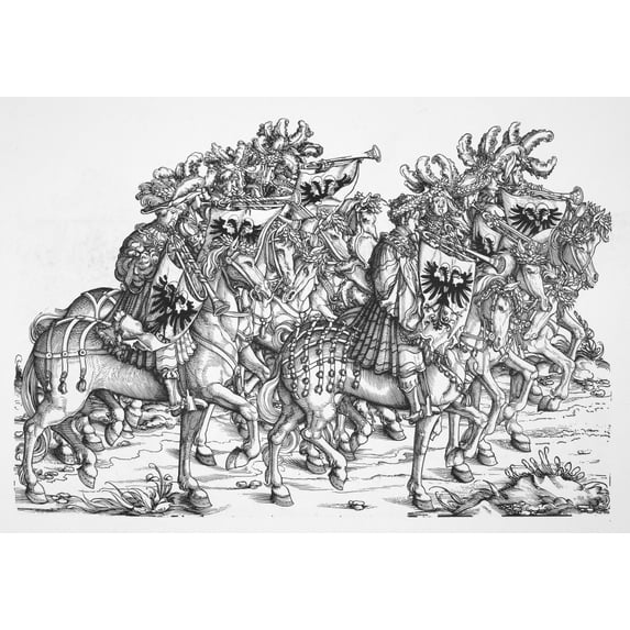 Imperial Trumpeters. Nthe Imperial Trumpeters Of Holy Roman Emperor Maximilian I. Woodcut Early 16Th Century