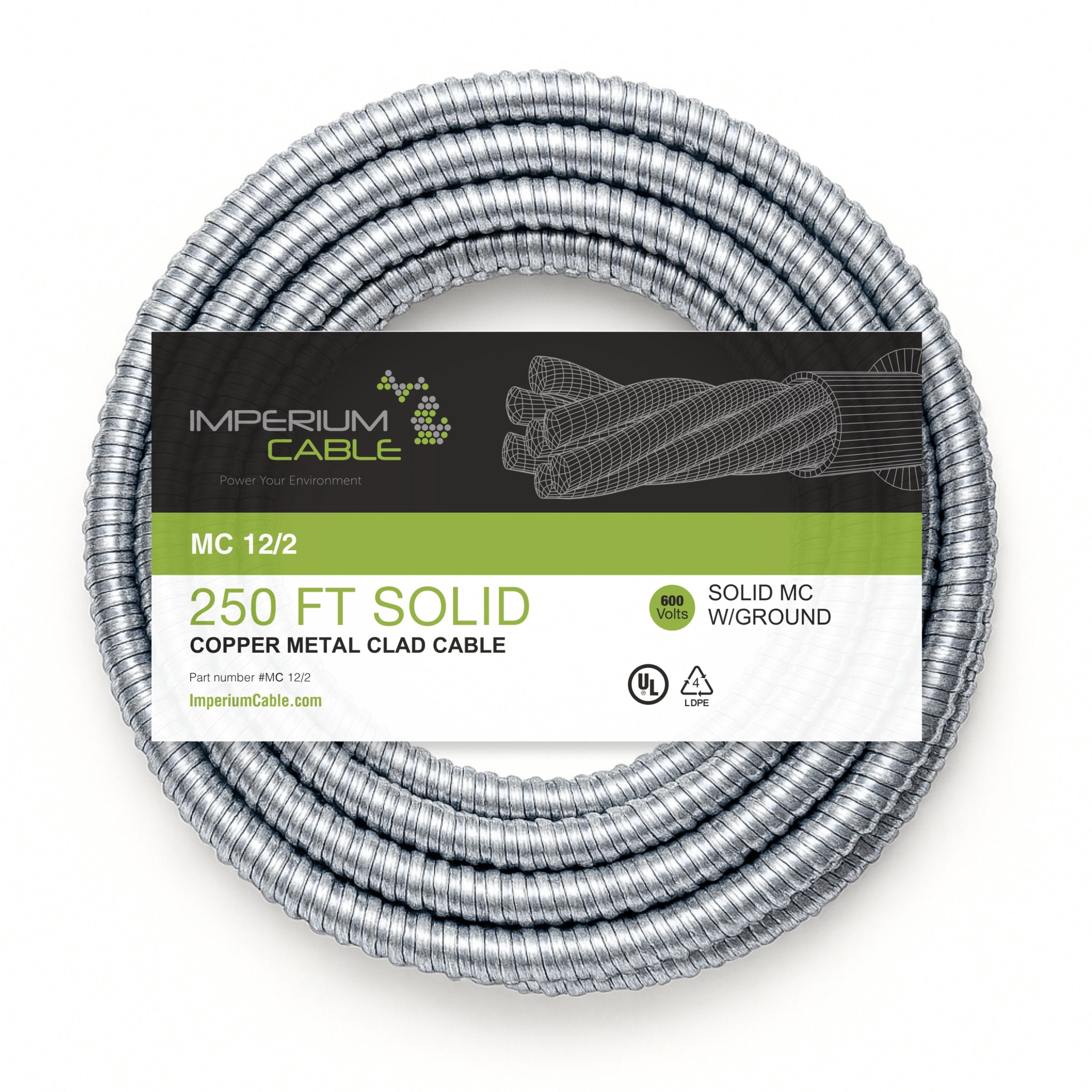 Imperium Cable MC 12/2 Electrical Wire  250ft Coil  Solid Copper Conductors with Ground  Armored Metal Clad Cable  600V Rated