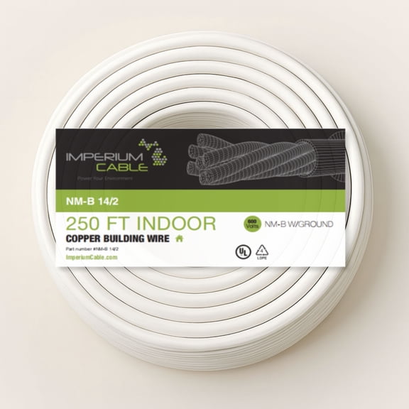 Imperium Cable 14/2 NM-B Electrical Wire 250ft Coil Solid Copper, Indoor Residential Cable with Ground White Jacket 600V Rated