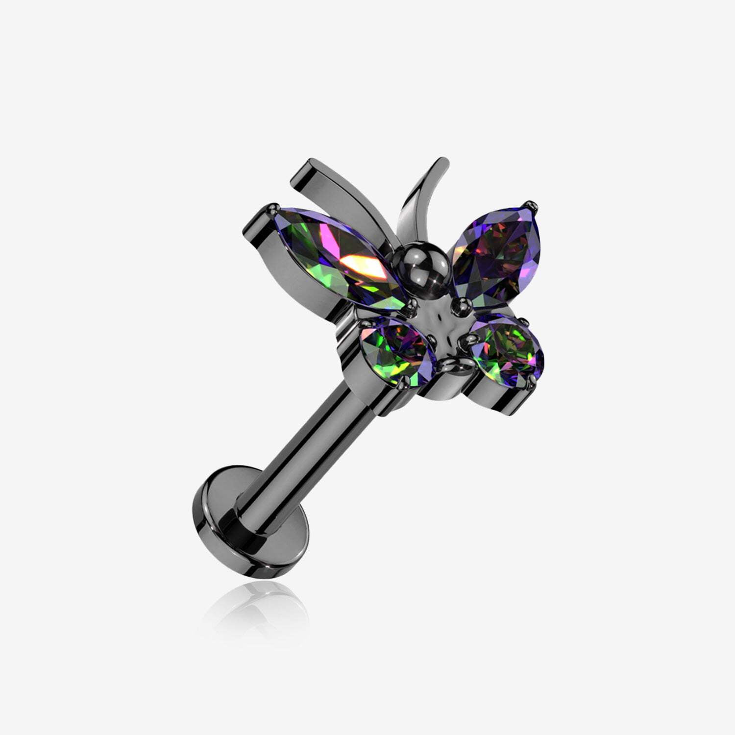 Implant Grade Titanium Blackline Butterfly Sparkle Internally Threaded Flat Back Stud Labret