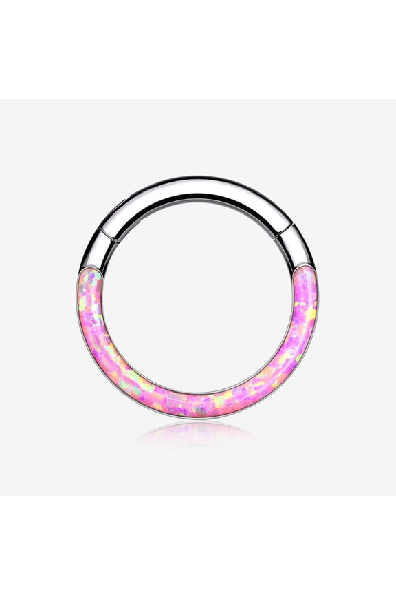 Implant Grade Titanium Brilliant Fire Opal Lined Front Facing Seamless Clicker Hoop Ring-Pink Opal