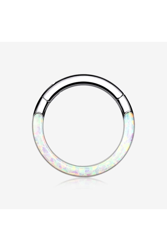 Implant Grade Titanium Brilliant Fire Opal Lined Front Facing Seamless Clicker Hoop Ring-White Opal