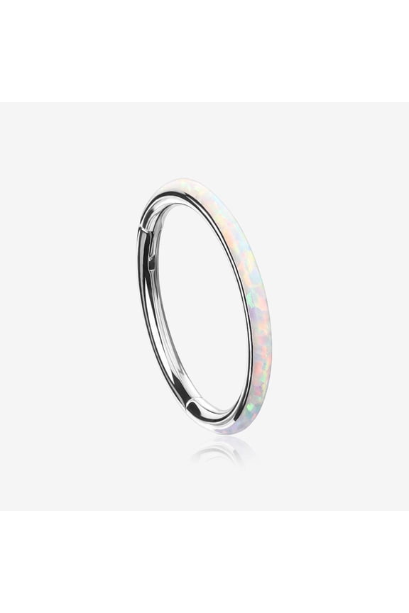 Implant Grade Titanium Brilliant Fire Opal Lined Seamless Clicker Hoop Ring-White Opal