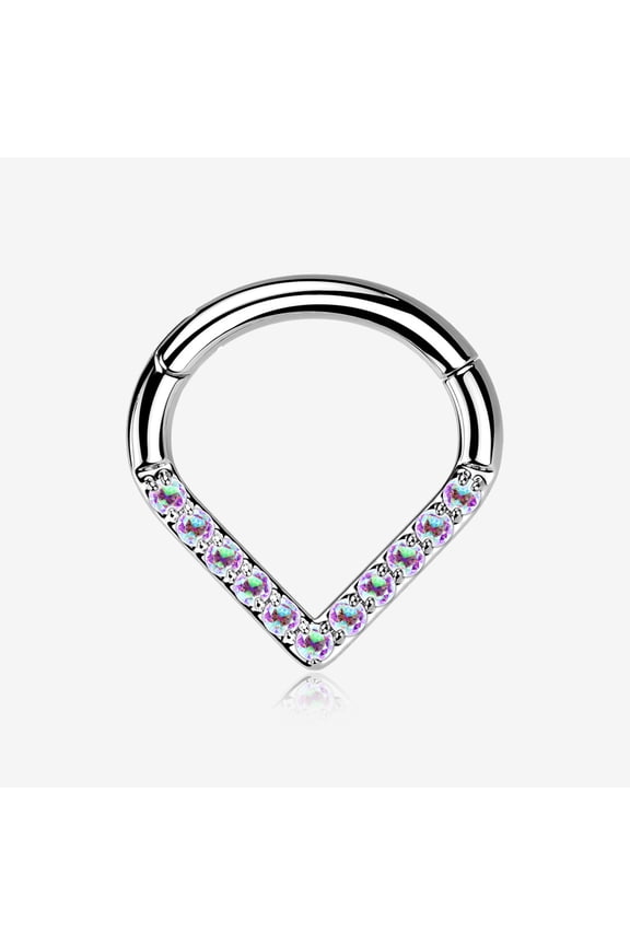 Implant Grade Titanium Chevron Sparkle Lined Seamless Clicker Hoop Ring-Aurora Borealis