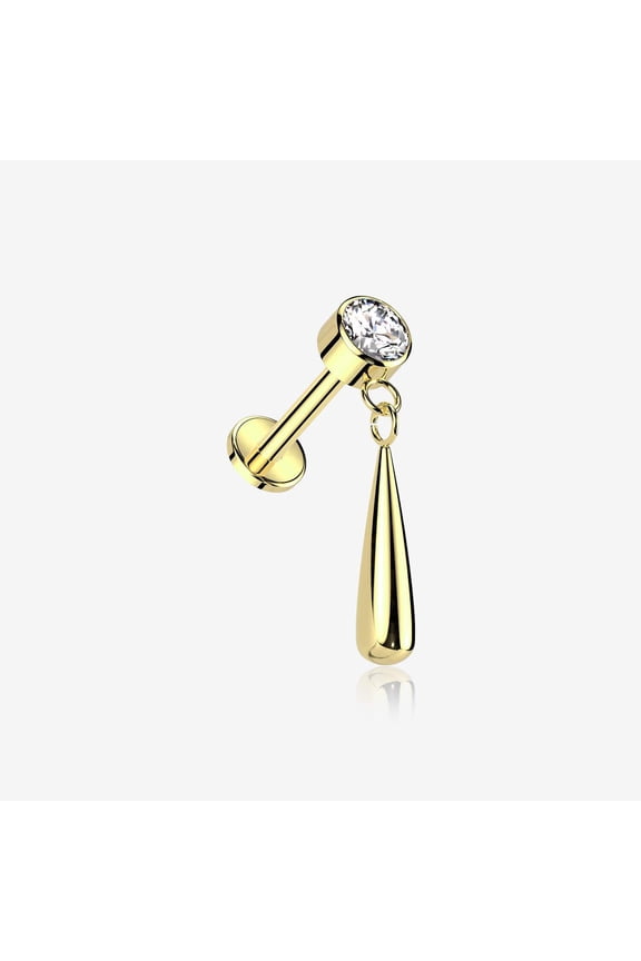 Implant Grade Titanium Golden Gem Sparkle Teardrop Dangle Internally Threaded Flat Back Stud Labret