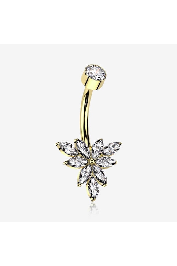 Implant Grade Titanium Golden Marquise Bloom Sparkle Flower Internally Threaded Belly Ring-Clear Gem