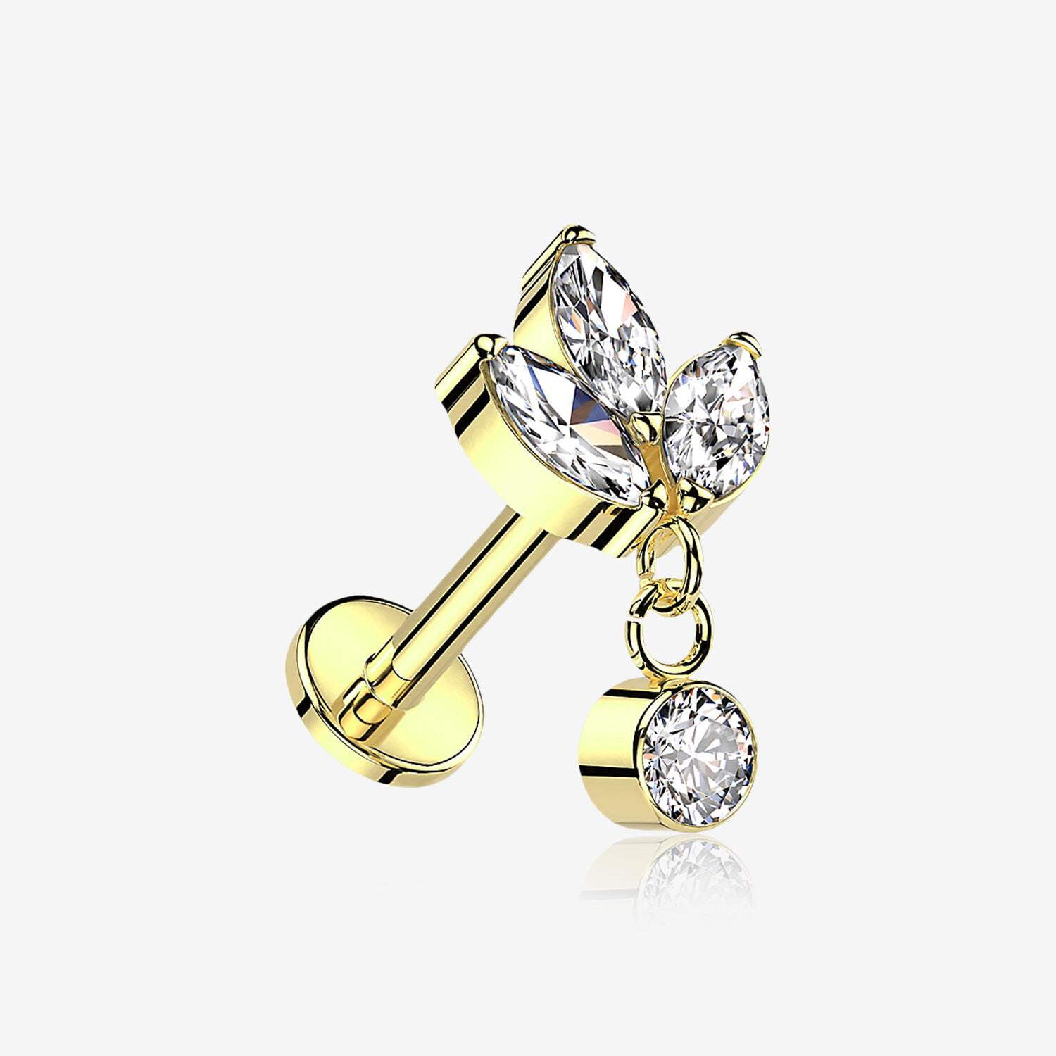 Implant Grade Titanium Golden Marquise Flower Sparkle Dangle Internally Threaded Flat Back Stud Labret