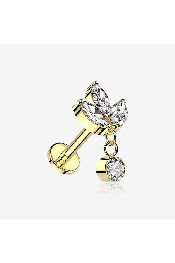 Implant Grade Titanium Golden Marquise Flower Sparkle Dangle Internally Threaded Flat Back Stud Labret