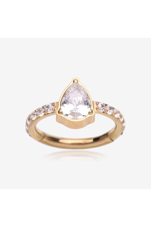 Implant Grade Titanium Golden Teardrop Sparkle Multi-Gem Rimmed Seamless Clicker Hoop Ring-Clear Gem