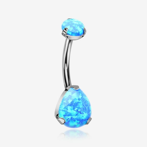 Implant Grade Titanium Internally Threaded Teardrop Opal Prong Belly Button Ring-Blue