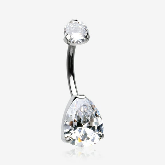 Implant Grade Titanium Internally Threaded Teardrop Prong Set Belly Button Ring-Clear Gem